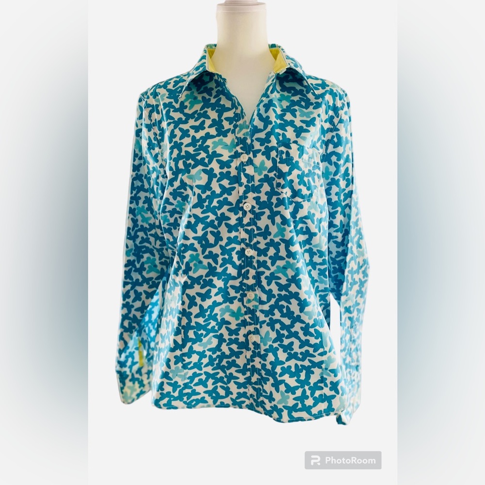 LLBean, 🩵 Like New, Aqua & White Blouse with Yellow Trim Detail - Sz L Pretty!